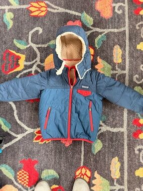Patagonia Blue Jacket with Red Trim and Sherpa Hood